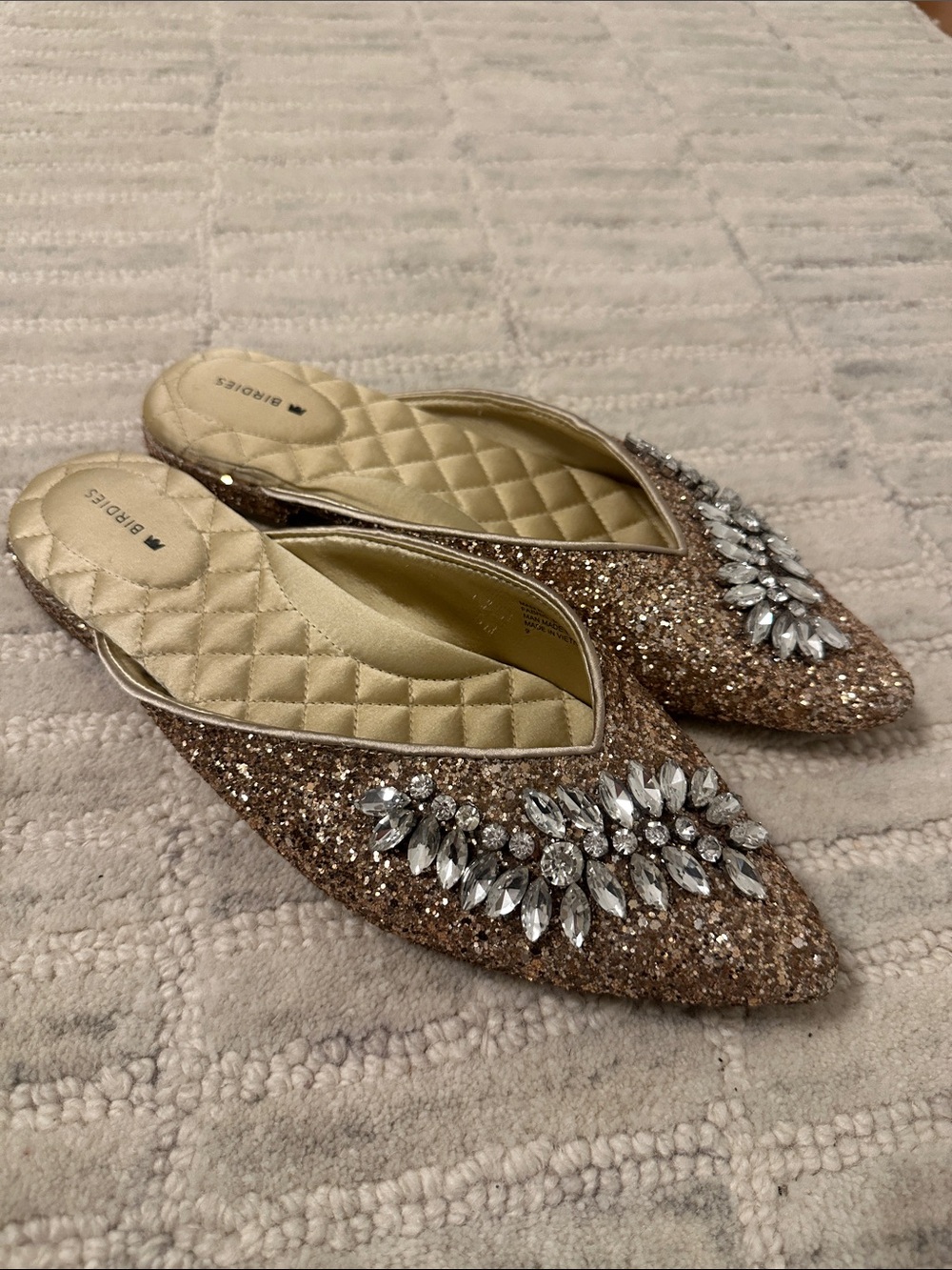 Birdies Glitter Jeweled Pointed Mule - Gold